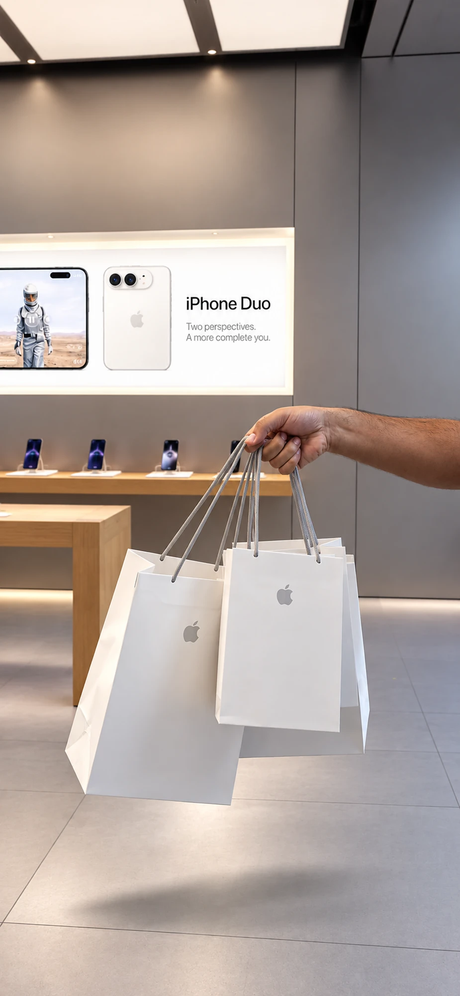Bolsas de Apple con pre-órdenes del iPhone Duo frente a su anuncio en tienda